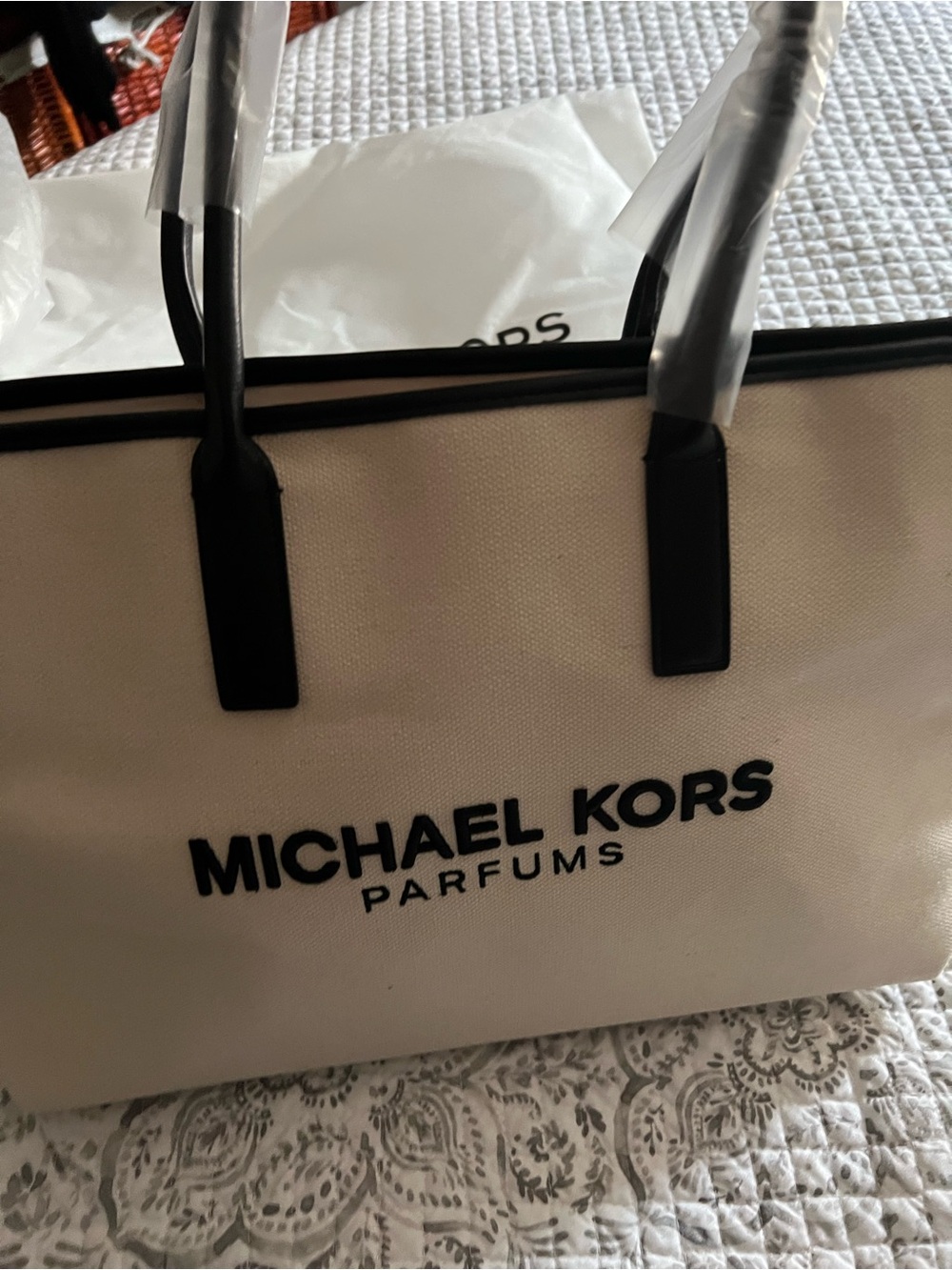 Michael Kors Cream Canvas Tote with Black Trim and Logo by one’s with dust bag